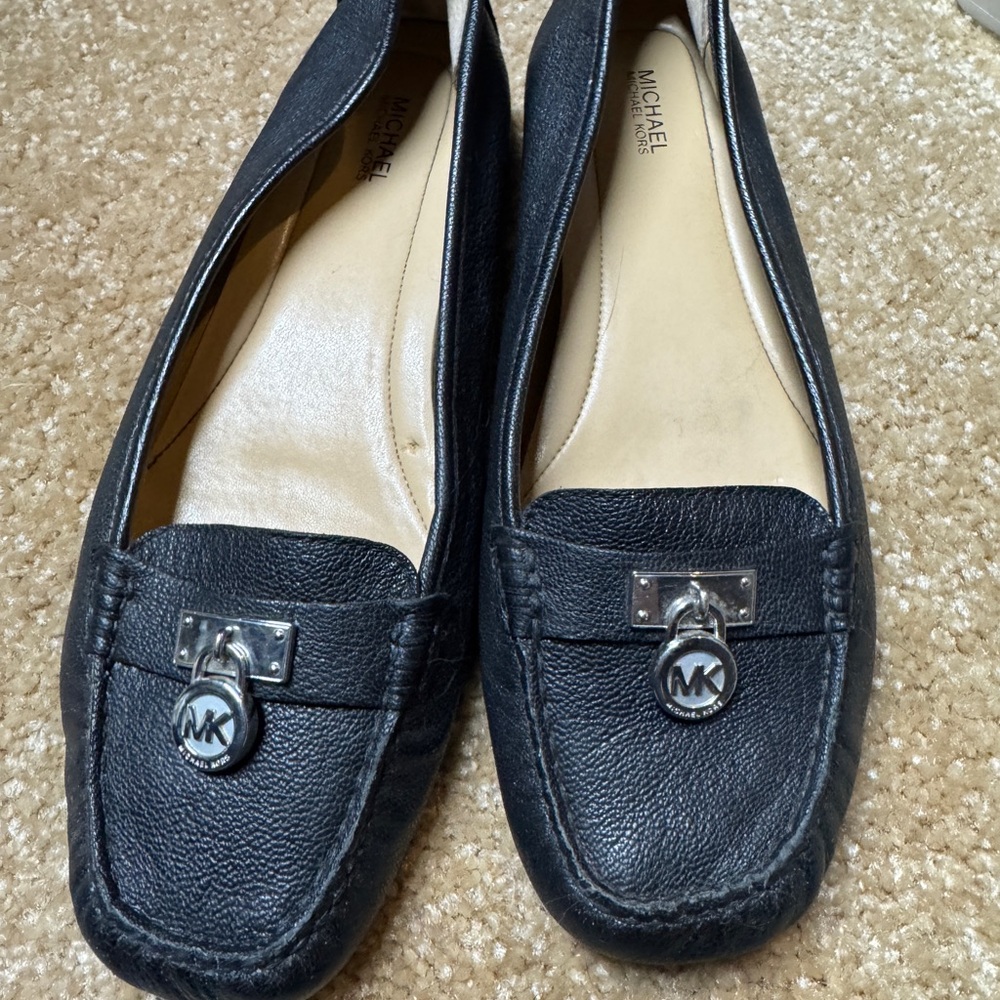 Michael Kors Black Leather Loafers with Silver Accent